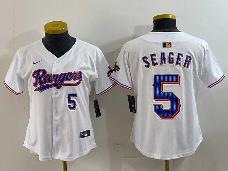 Women%27s Texas Rangers #5 Corey Seager Number White 2024 Gold Collection Limited Cool Base Jersey
